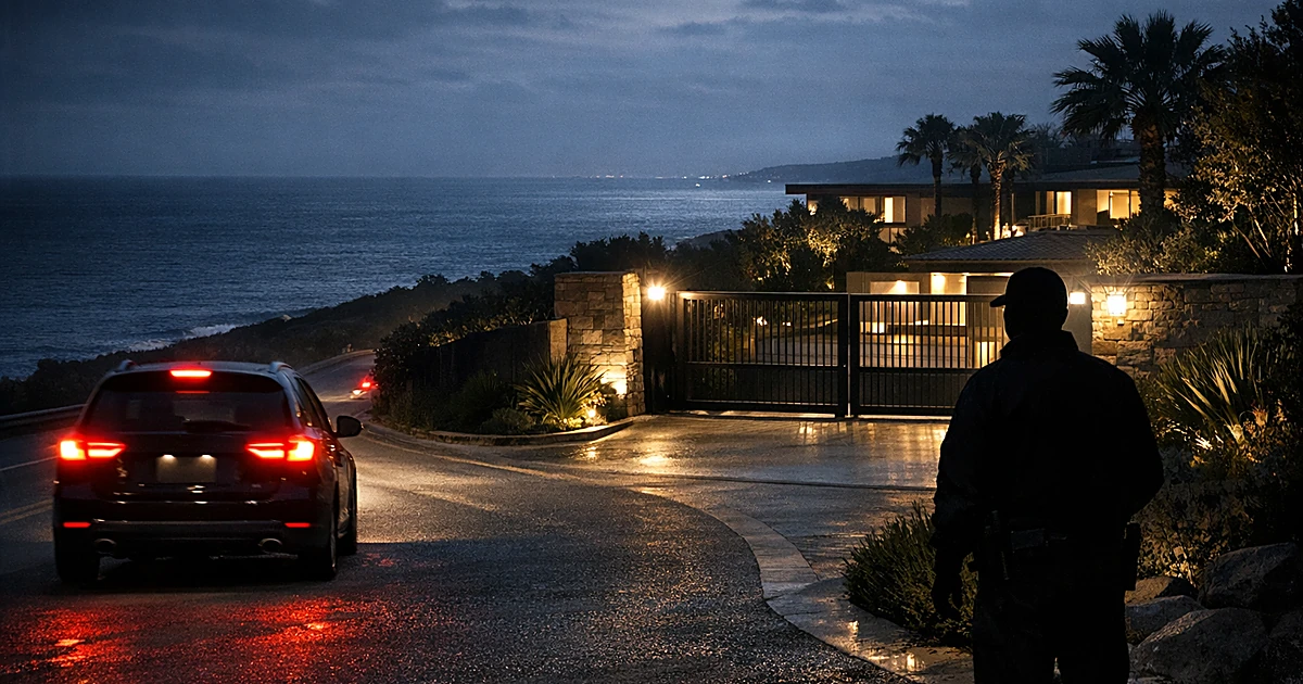 Nighttime scene of luxury home entrance with security guard silhouette and departing vehicle taillights