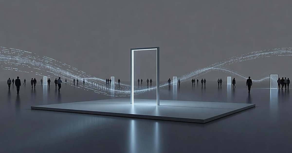Single illuminated doorway with streams of light converging from multiple distant portals toward central entrance
