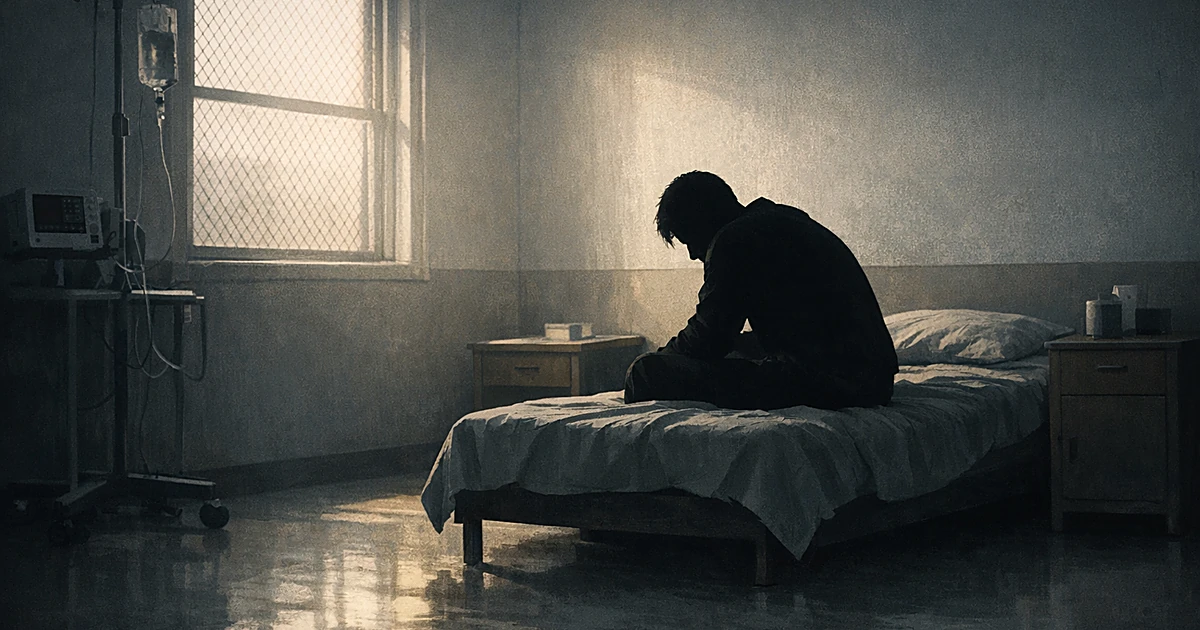 Silhouette of person sitting alone in sparse rehabilitation facility room with window light casting shadows