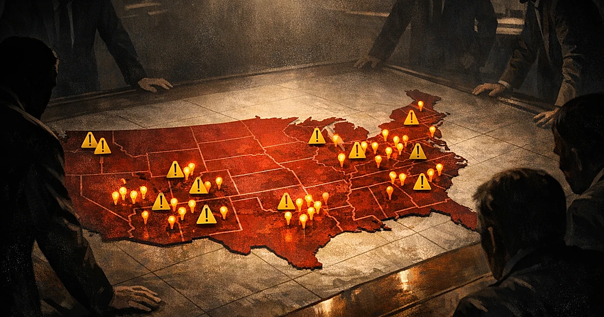 Silhouetted figures around table examining US map with warning markers spread across multiple states in red territory