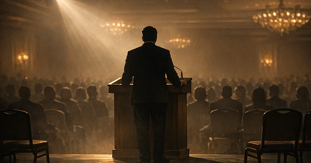 Silhouetted speaker at podium addressing seated audience in dimly lit ballroom with dramatic spotlight beams
