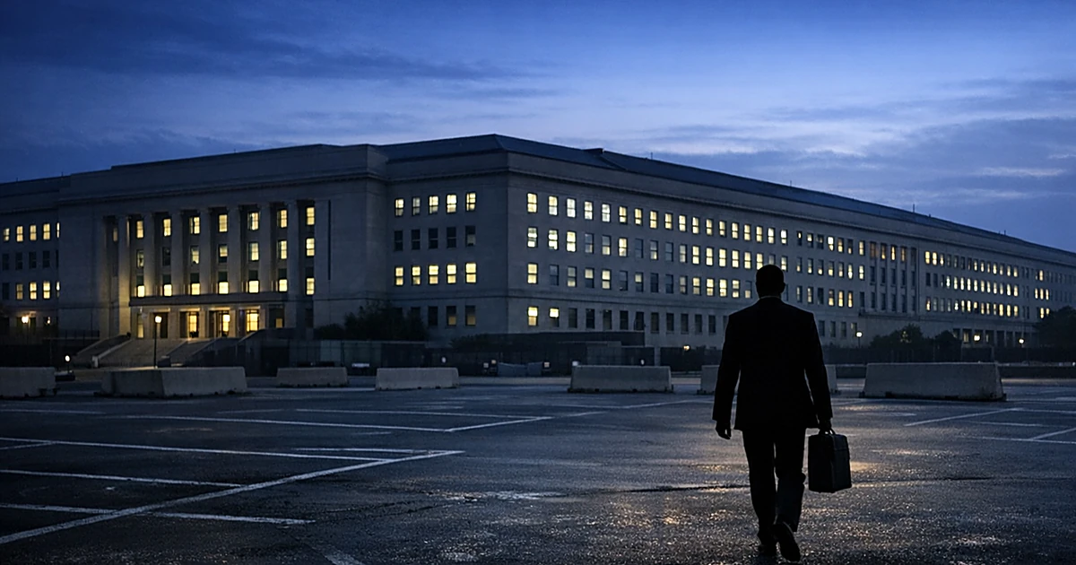 Silhouetted figure walking away from Pentagon building at dusk with empty parking spaces in foreground