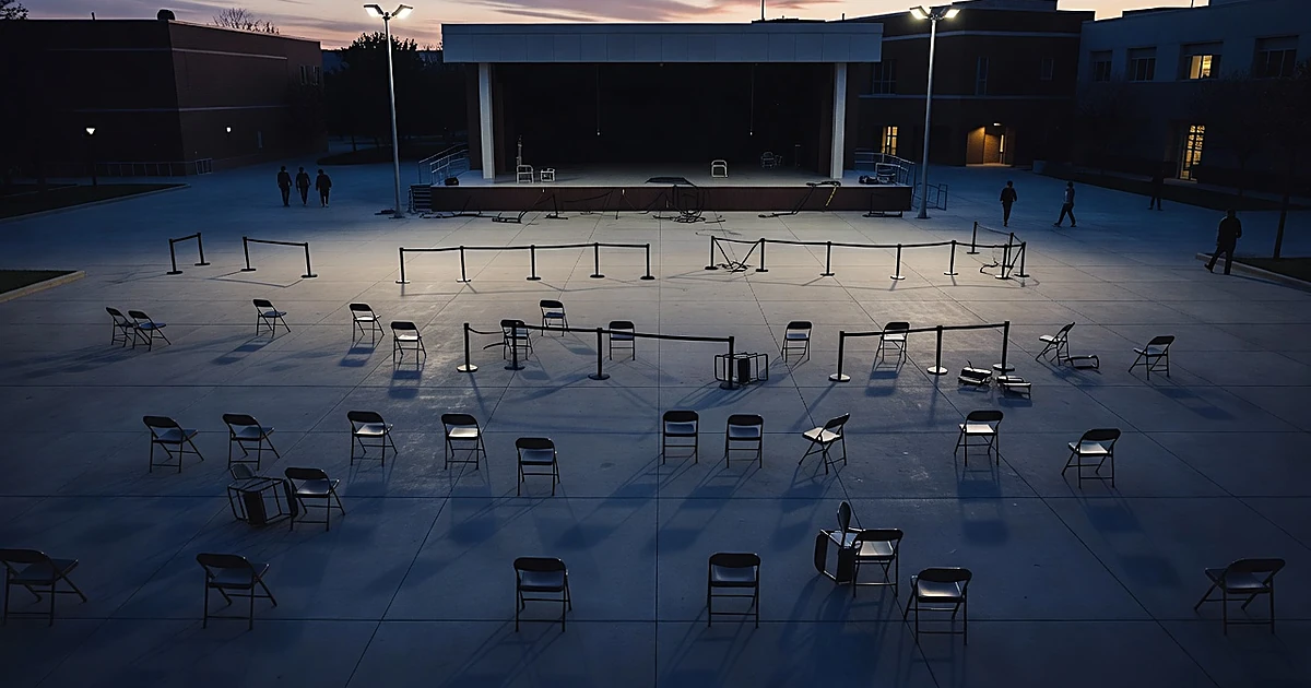 Empty university courtyard with scattered chairs and disorganized security barriers after an event