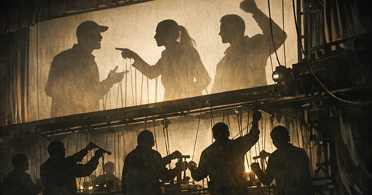Silhouetted figures operating puppet strings that control larger shadow figures on an illuminated stage above them