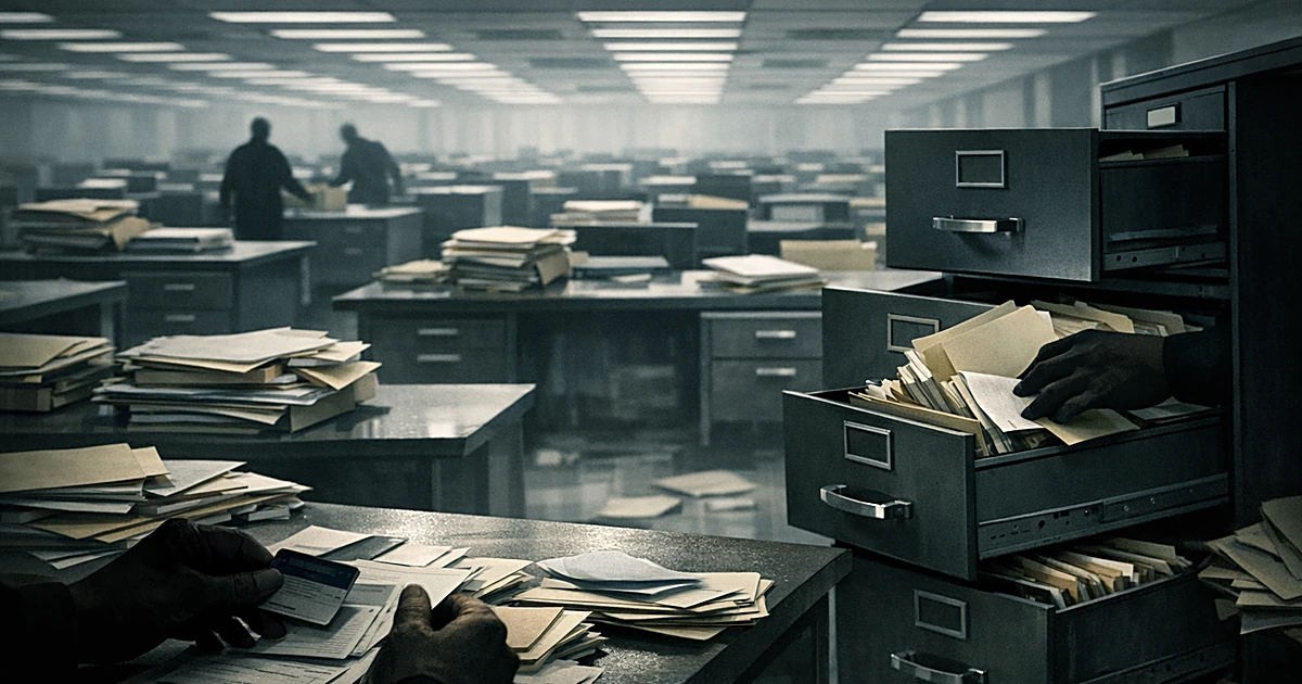 Empty government office desks with stacks of paperwork and benefit documents being cleared and sorted by silhouetted hands