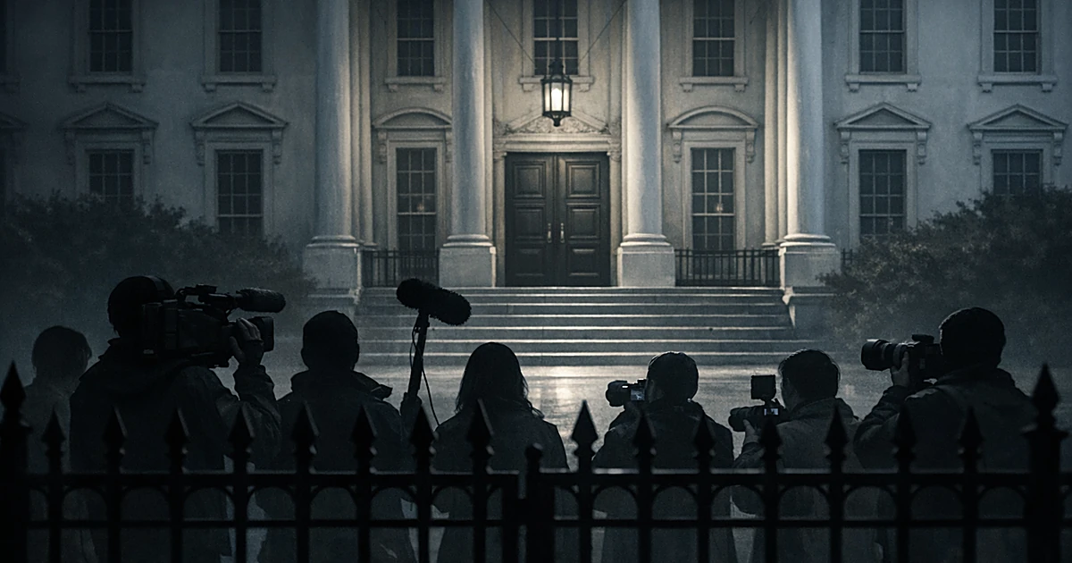 Silhouettes of reporters with cameras stand behind a fence, facing a closed government building entrance