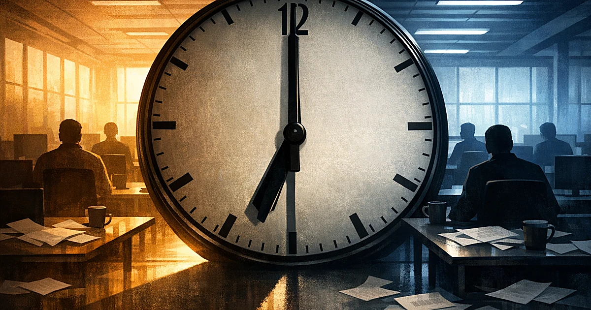 Clock showing modified 32-hour workweek with worker silhouettes in divided office space under contrasting lighting