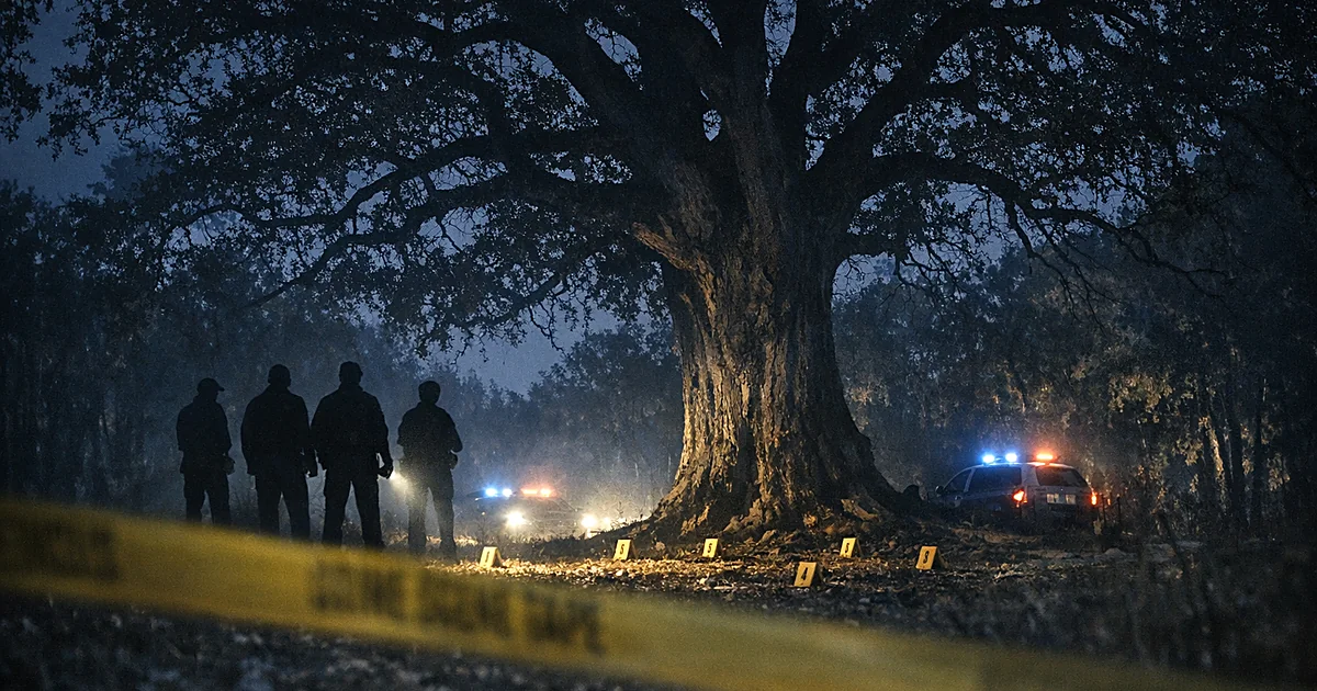 Silhouetted tree at night with police vehicle lights and crime scene tape in foreground during investigation