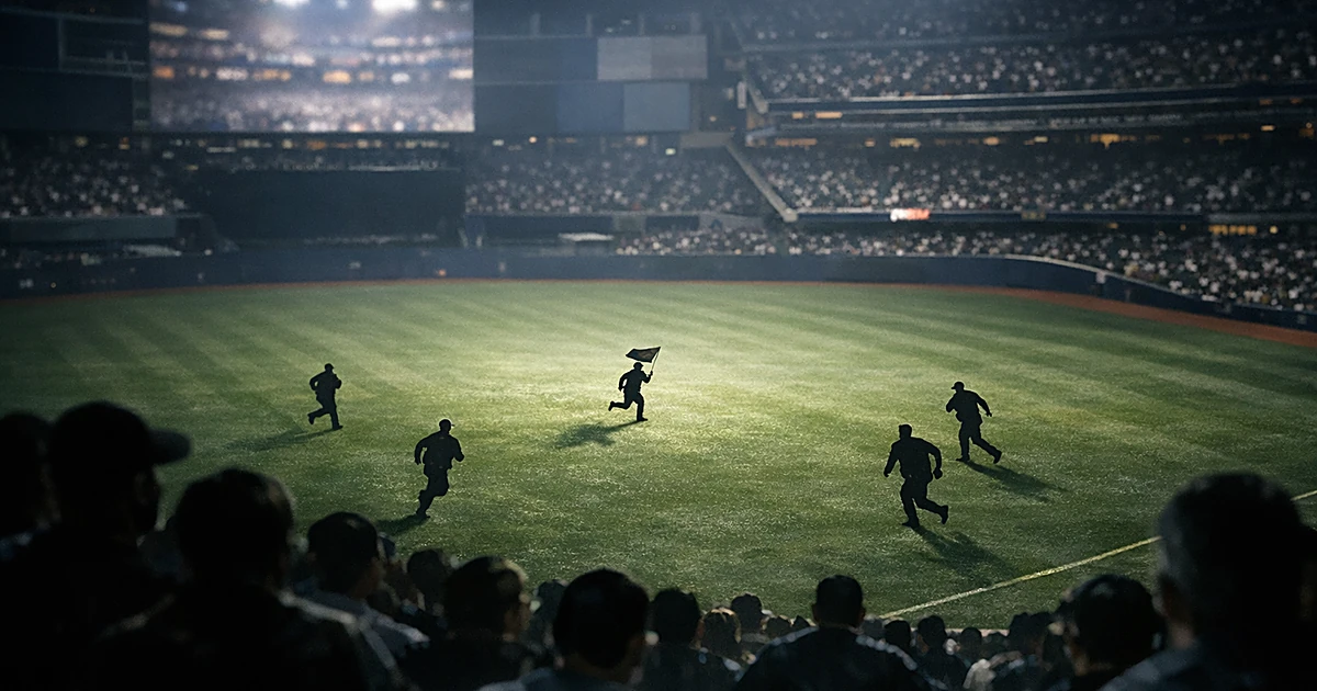 Silhouetted figure running across illuminated baseball field at night as security personnel give chase