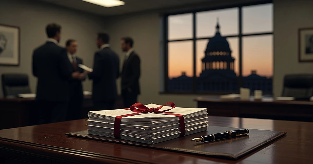 Official documents on desk with silhouetted figures in government office, capitol dome visible through window