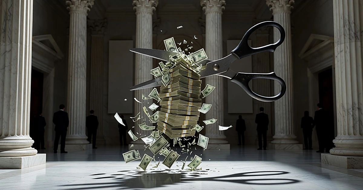 Scissors cutting through suspended stack of dollar bills with fragments falling in columned government interior