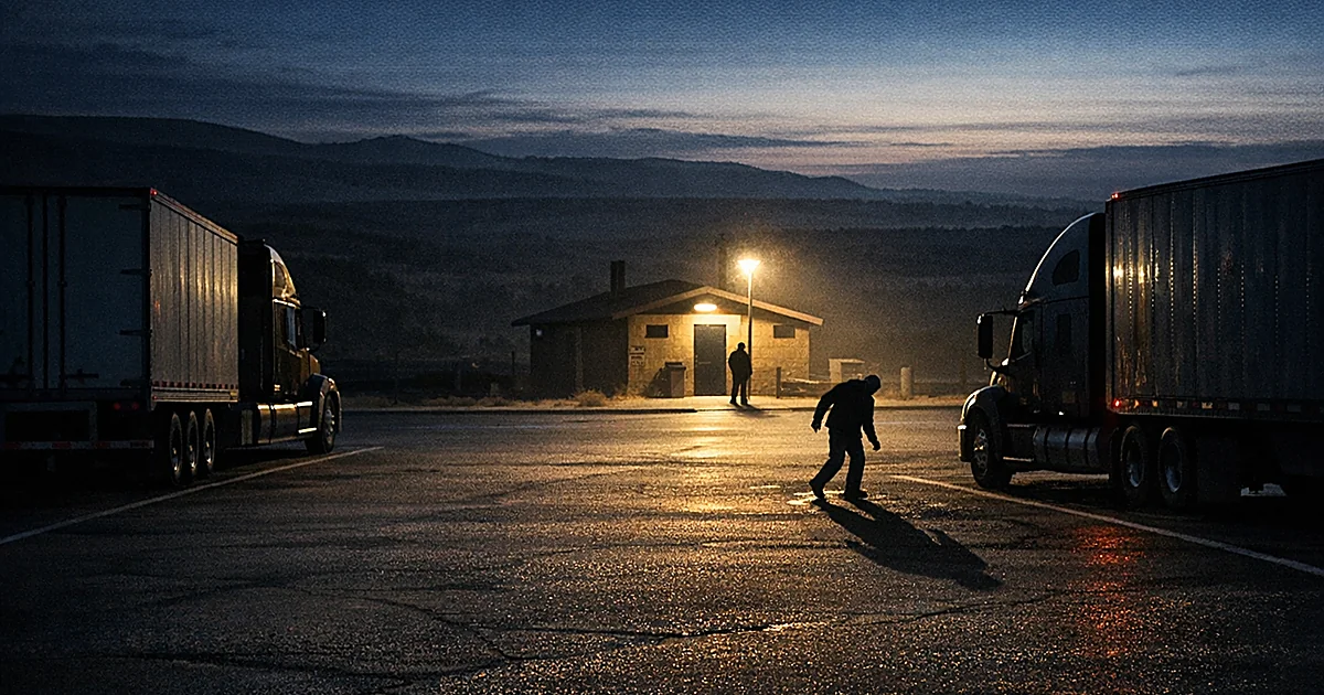 Two semi-trucks parked at an isolated highway rest area under harsh lighting in predawn darkness