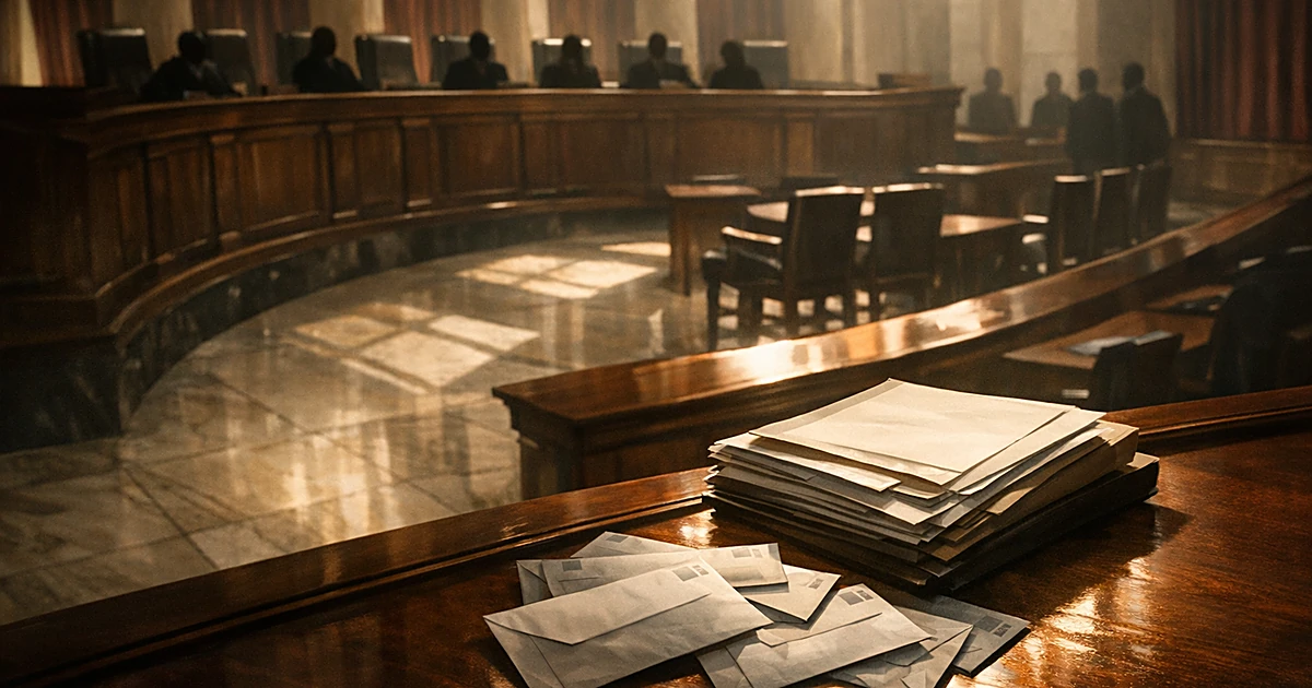 Overhead view of Supreme Court chamber with legal documents and mail-in ballot envelopes on wooden surface