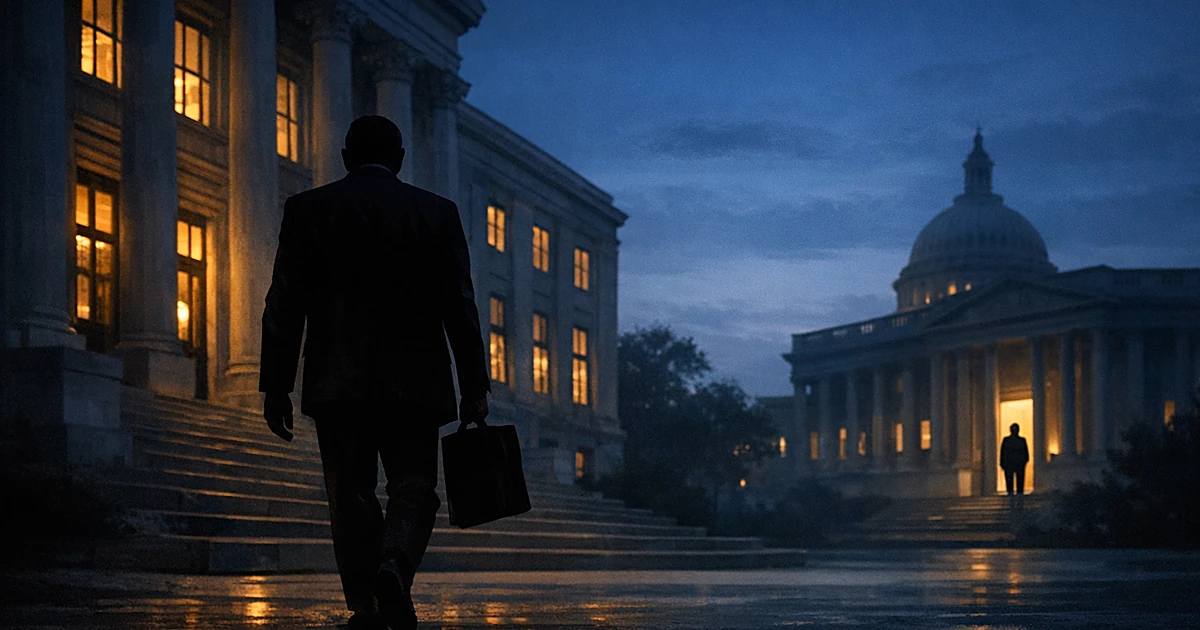 Silhouetted figure walking away from columned museum building at dusk with government building in background