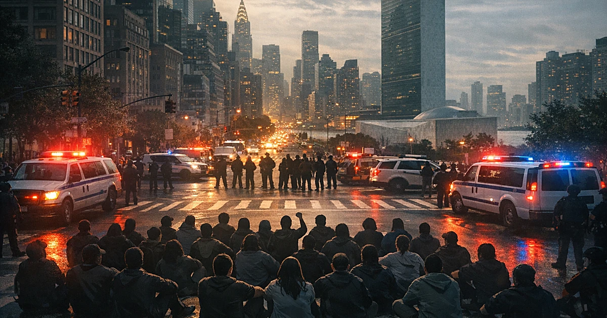 Silhouetted protesters blocking Manhattan intersection with police vehicles and flashing lights surrounding the scene