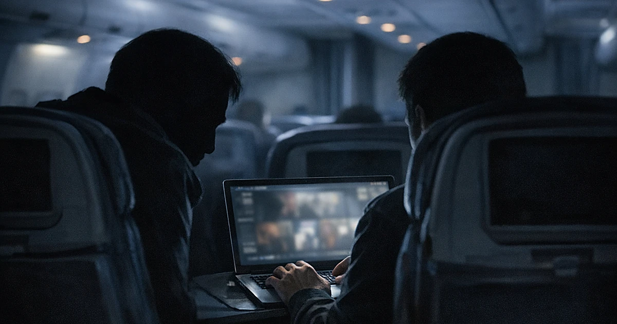 Silhouetted airplane passenger using laptop while adjacent passenger observes from neighboring seat in dim cabin
