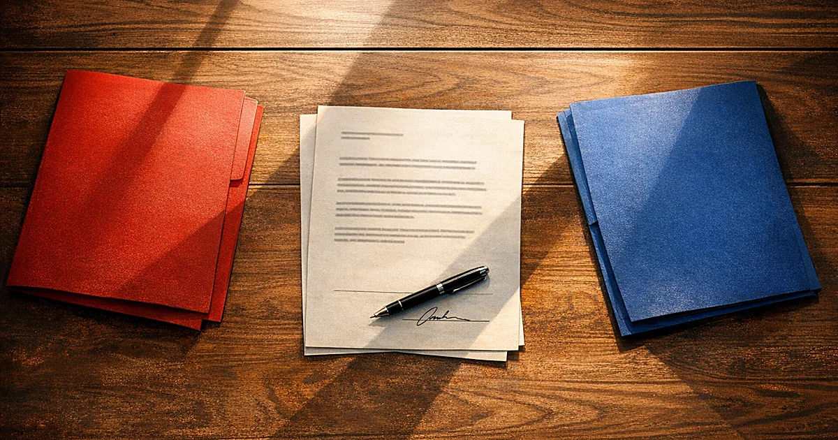 Overhead view of desk with red and blue folders flanking a signed document, representing political party endorsement
