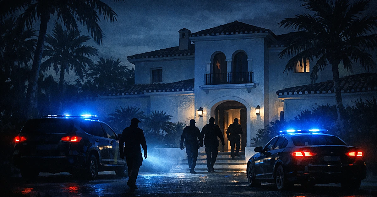 Police vehicles with flashing lights outside a Costa Del Sol villa at night with officer silhouettes approaching