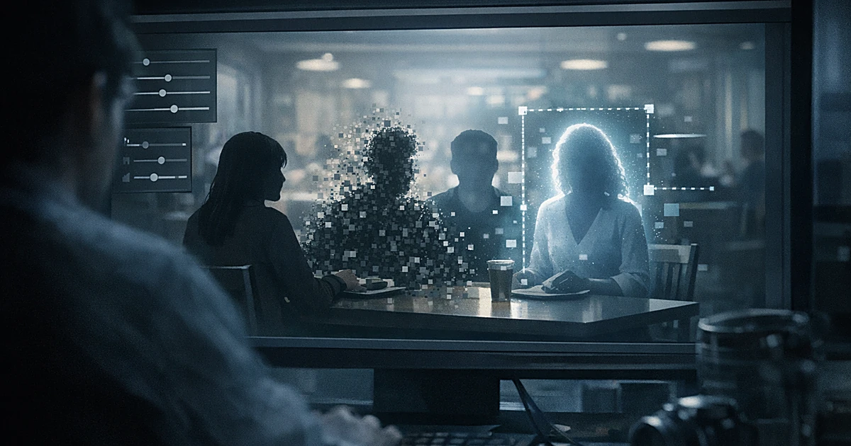 Computer screen showing a photo being AI-altered, with one person's silhouette dissolving and being replaced by another