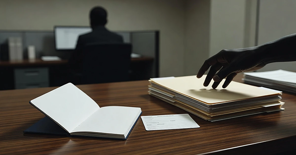 Open passport and voter registration card on desk with silhouetted hand reaching toward folders