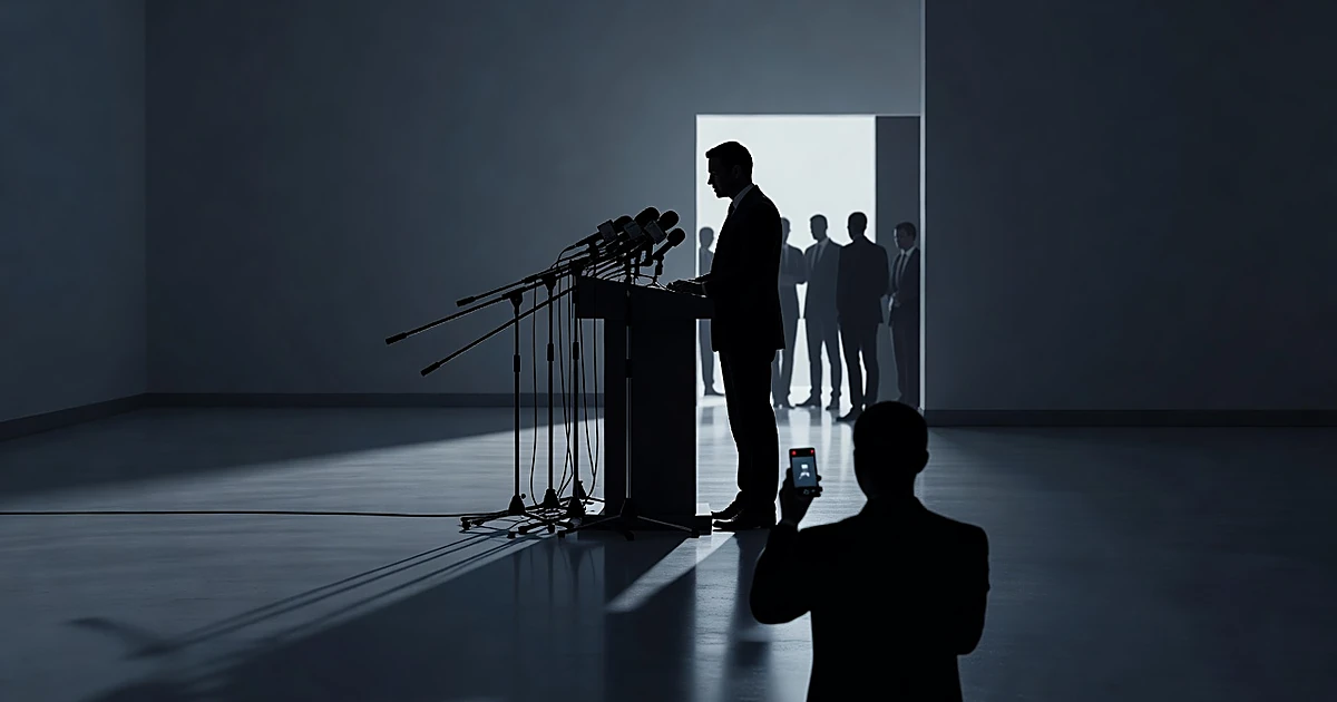 Silhouetted figure at podium with microphones while another shadow holds recording device, blocked figures in background