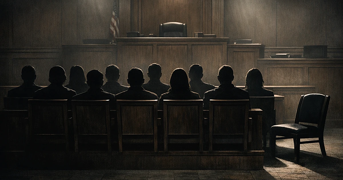Silhouetted jury members in courtroom with one isolated figure representing a holdout juror during deliberations