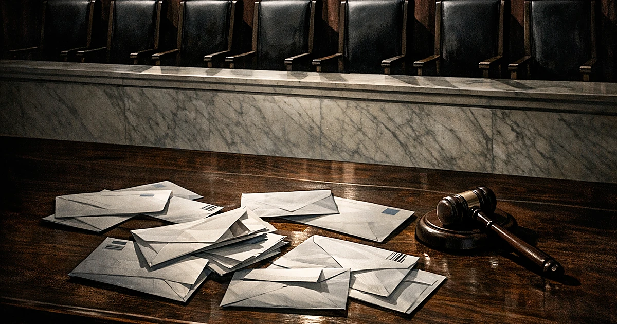 Empty Supreme Court bench with nine chairs overlooking scattered mail-in ballot envelopes and gavel on table below
