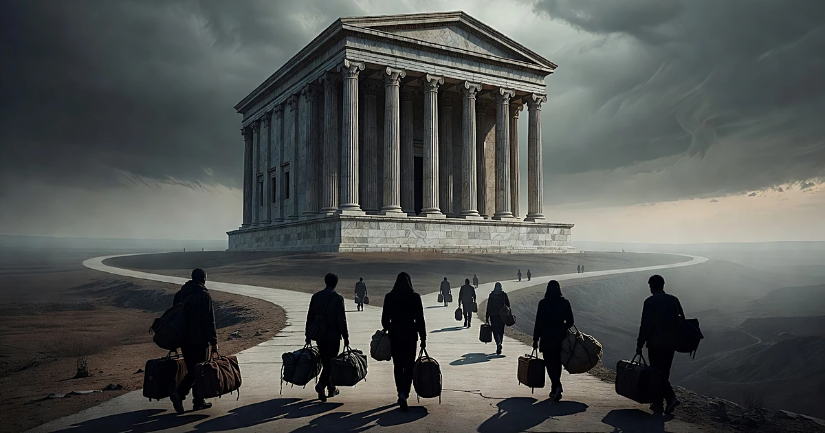 Silhouetted figures with luggage walk on diverging paths below a neoclassical courthouse under gray skies
