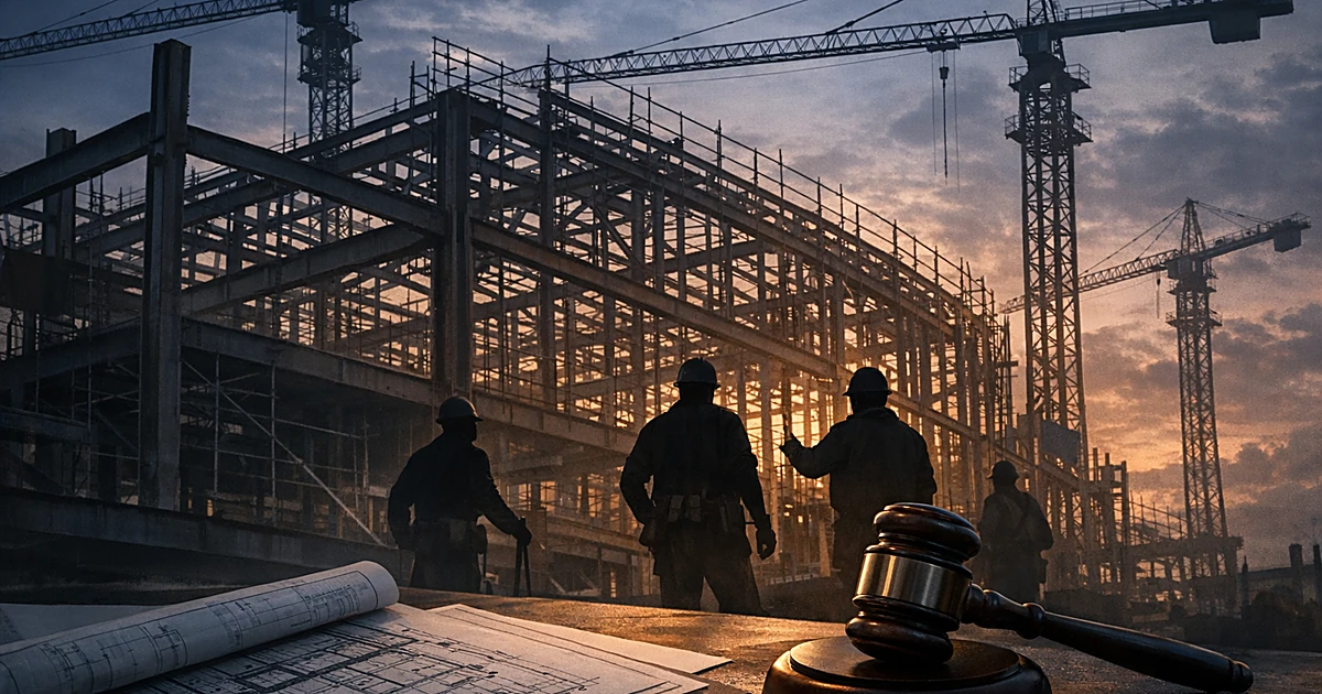 Construction site with steel beams, scaffolding, silhouetted workers, and gavel with blueprints in foreground