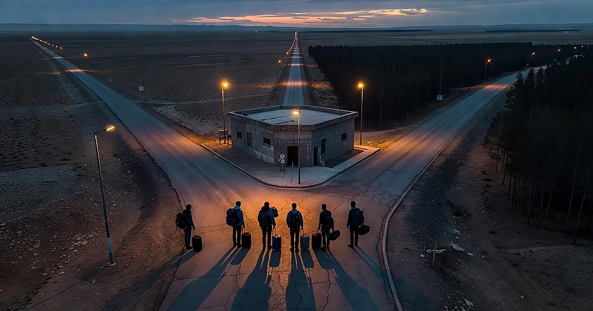 Silhouetted figures at border checkpoint where three pathways diverge in different directions at dusk