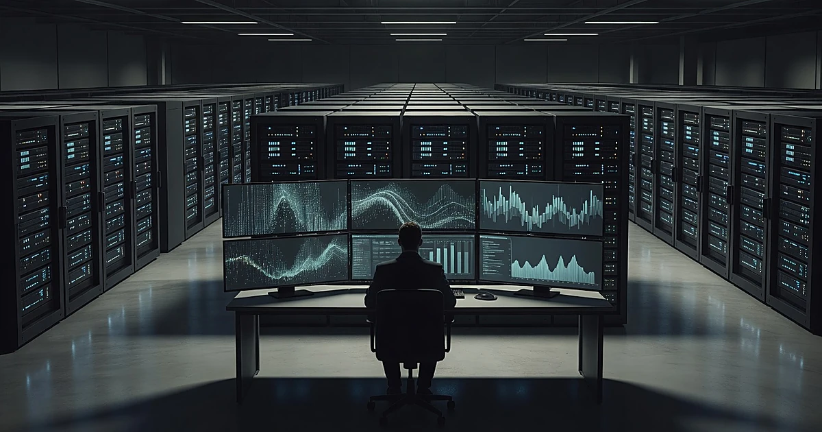 Silhouetted figure at computer workstation in server room examining data streams on multiple glowing screens