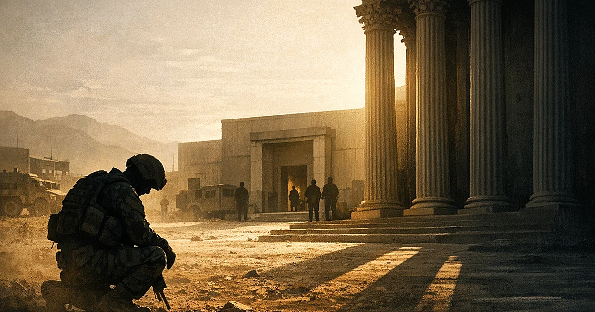 Silhouetted soldier kneeling before military base building with courthouse columns in shadow