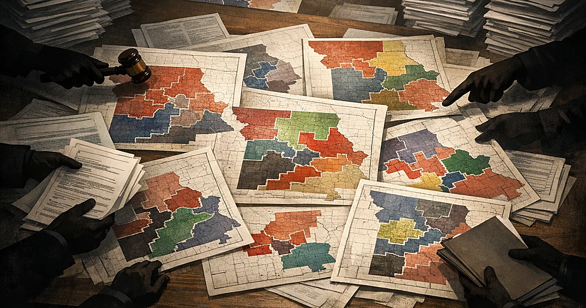 Overhead view of Missouri redistricting maps on table with silhouetted hands pointing and stacks of ballots nearby