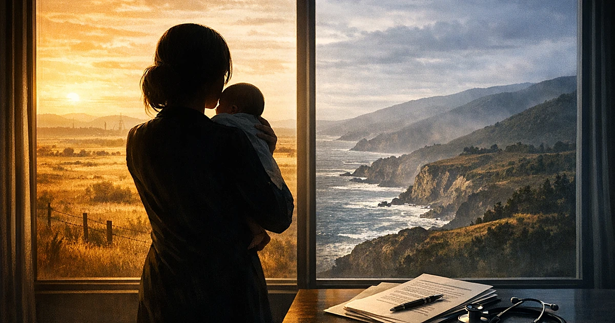 Silhouette of woman with infant at window overlooking divided landscape with legal documents and medical equipment nearby