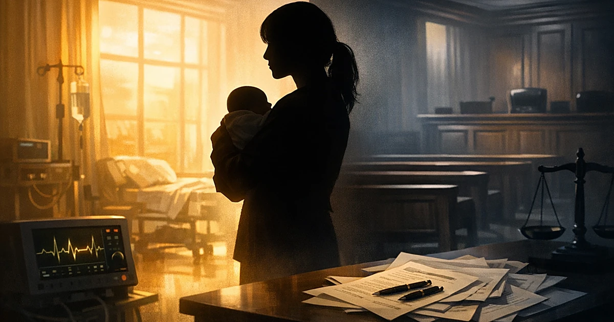 Silhouetted woman holding infant between sunlit hospital space and shadowed courtroom with heart monitor nearby