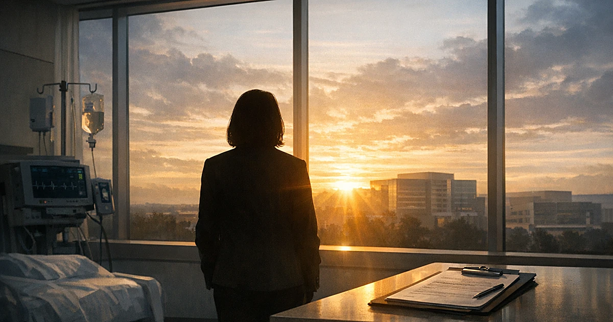 Silhouette of person at hospital window with morning light streaming in, medical equipment visible on counter