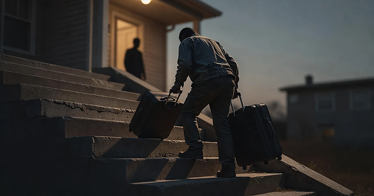 Silhouette of elderly worker pulling heavy luggage up steep stairs in dim evening light