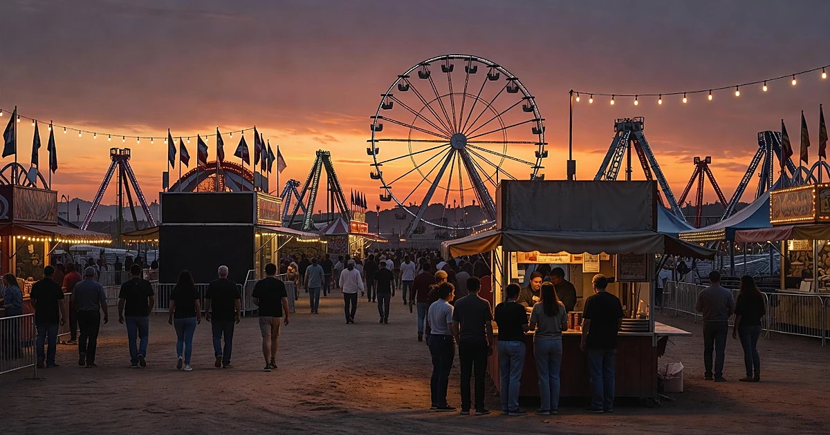 Silhouettes of people walking through a state fair at dusk with carnival rides and vendor booths in background
