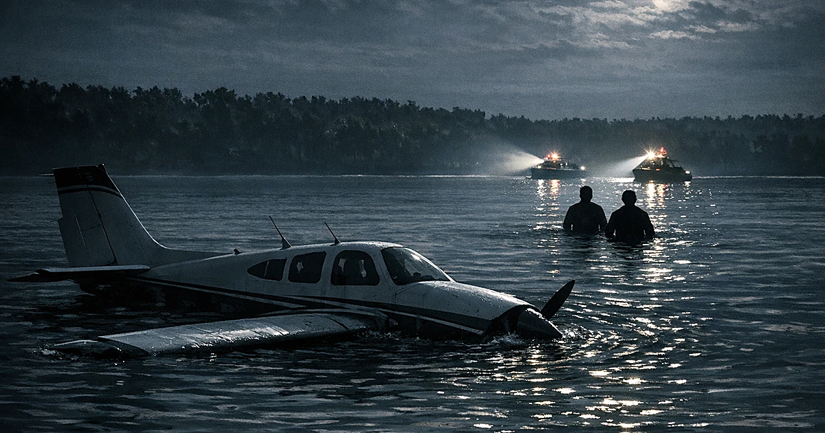 Partially submerged small plane in dark lake water at night with two silhouetted figures standing in water nearby