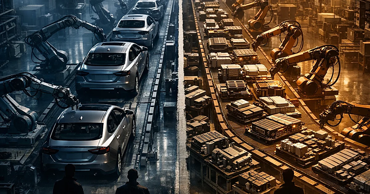 Split automotive assembly line showing American vehicles on one side and Chinese components flowing in on the other
