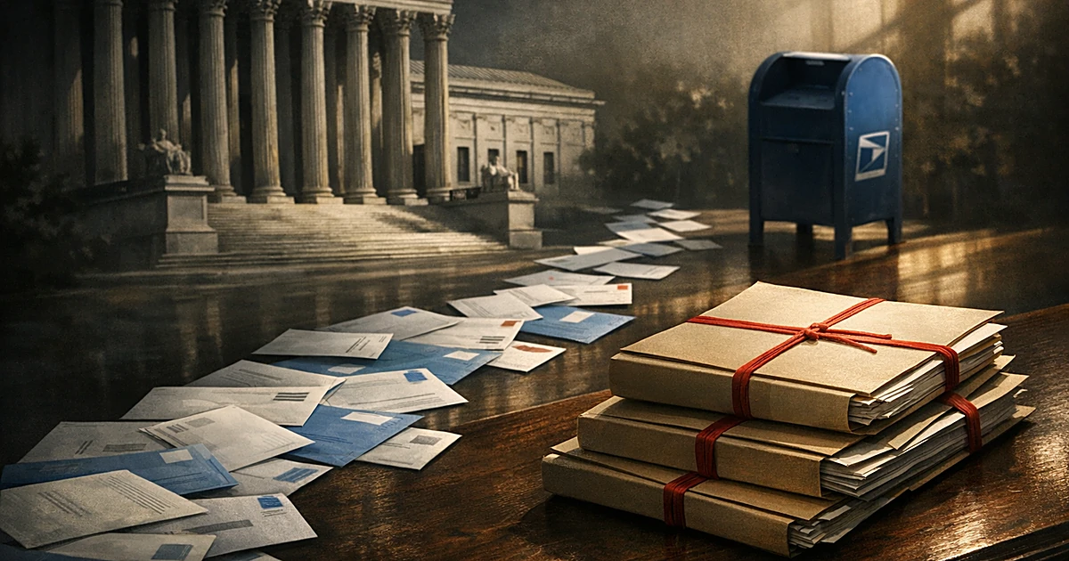 Overhead view of legal documents stacked near mail-in ballot envelopes and postal collection box with dramatic lighting