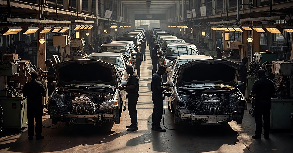 Assembly line with gasoline vehicles and worker silhouettes in automotive factory with industrial lighting