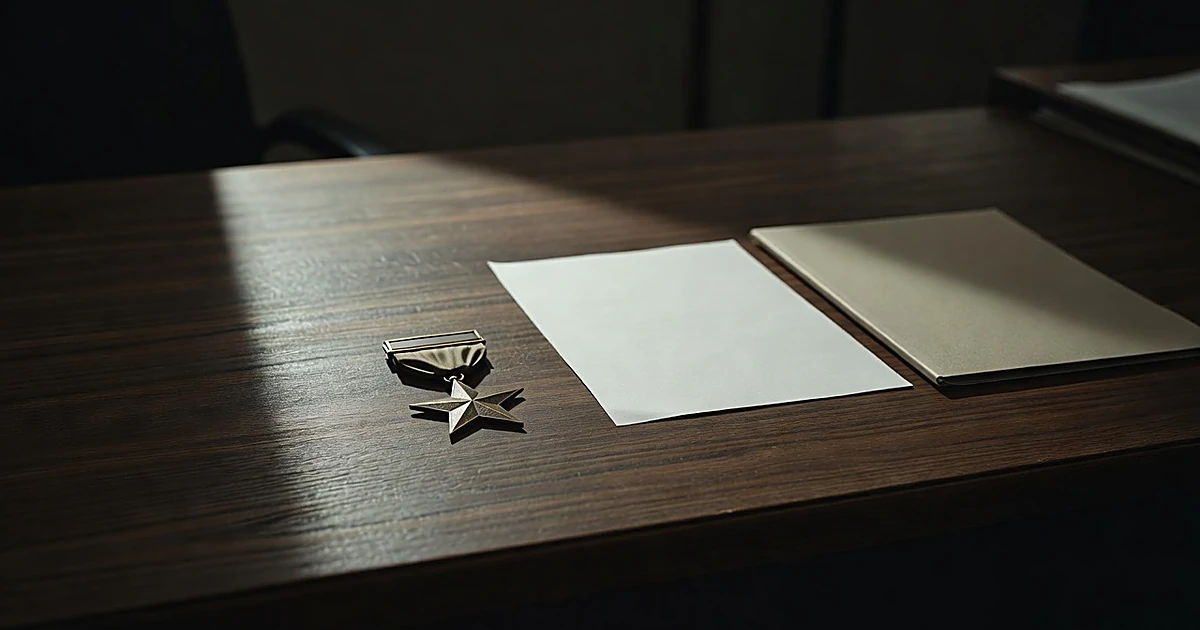 Bronze Star medal on desk with blank papers, lit dramatically to show contrast between medal and empty documents