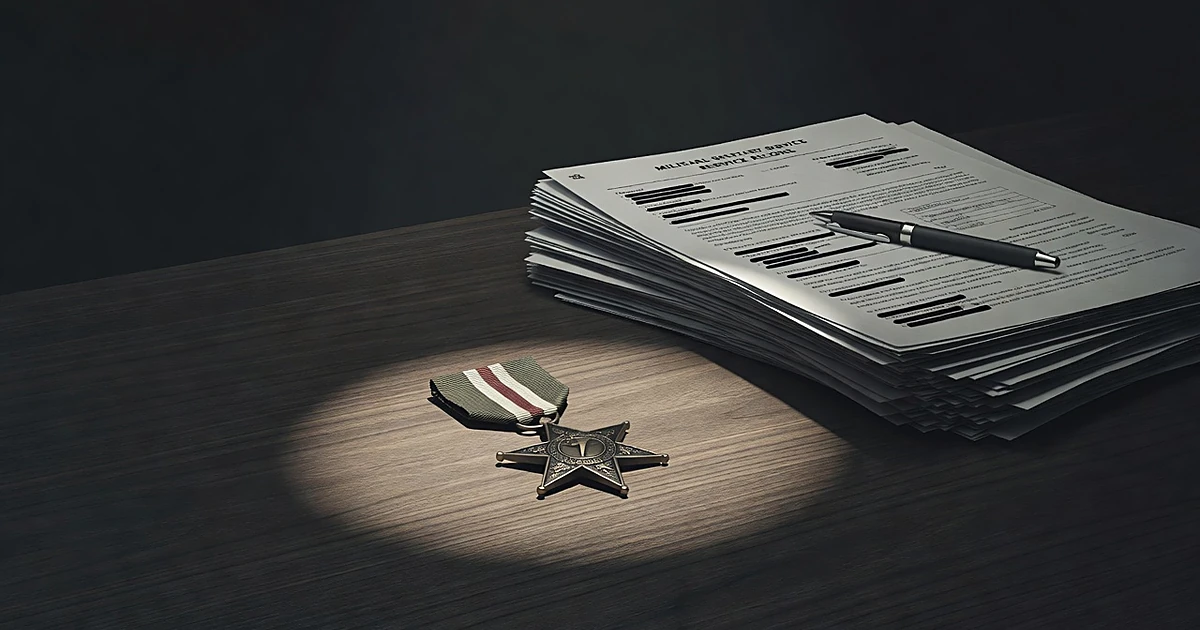 Bronze Star medal on desk with military documents and pen, dramatically lit to suggest investigation of claims