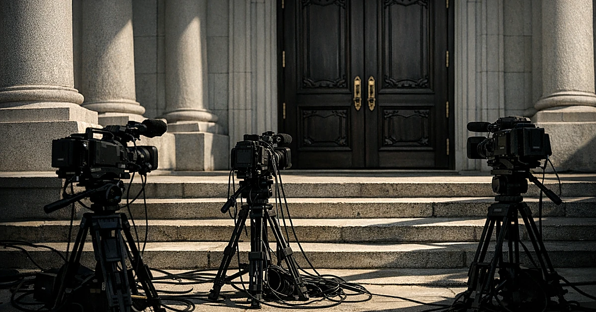 Empty news cameras on steps outside closed white columned building entrance, viewed from behind equipment