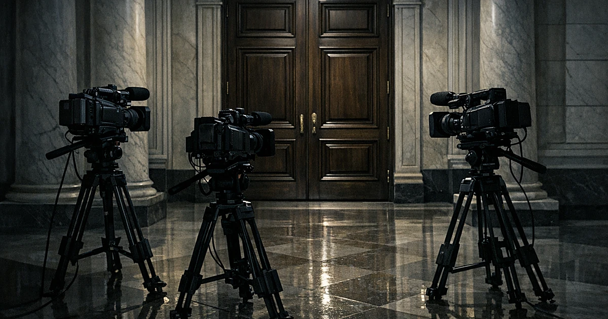 Three news cameras on tripods face a closed ornate door in a columned government building hallway