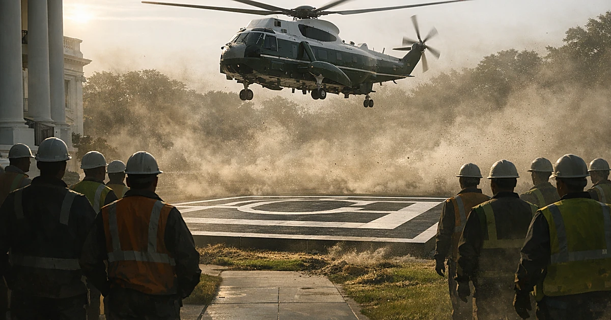 Presidential helicopter lifting off from new granite helipad as construction workers watch from behind