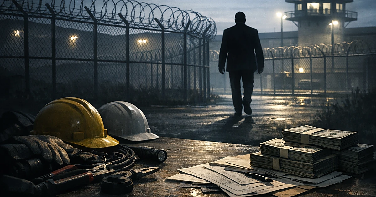 Silhouette leaving prison facility with electrical workers' equipment and cash in foreground