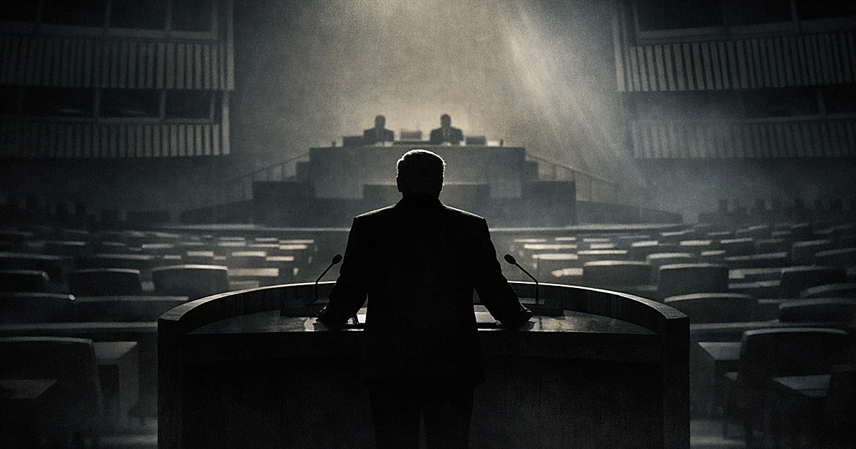 Silhouetted figure at podium addressing empty assembly hall with dramatic overhead lighting and geometric architecture
