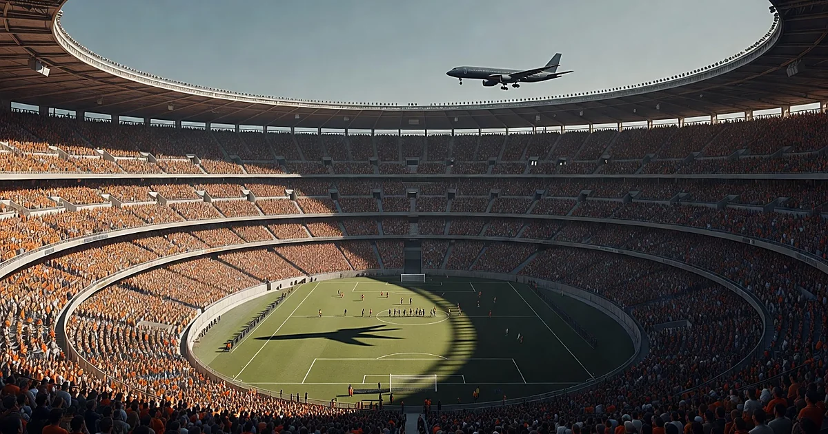 Aerial view of packed stadium with aircraft flying overhead and silhouetted crowds filling the stands